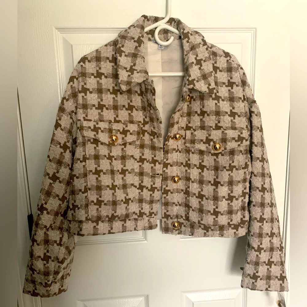 NWT Ophelia Roe XL Brown and Tan Houndstooth Tweed Cropped Jacket
